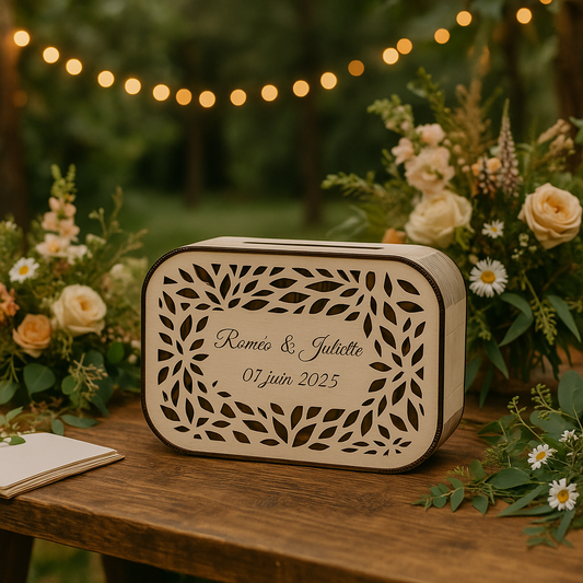 Urne de mariage en bois de teck personnalisée avec les prénoms « Roméo & Juliette » et la date du 7 juin 2025, posée sur une table décorée de fleurs champêtres et de guirlandes lumineuses.